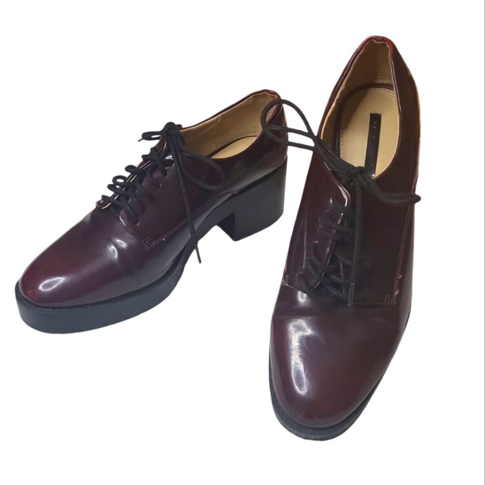 EUC Zara Trafaluc Burgundy Combat Laced chunky bulky vagen leather Shoes 40 9.5